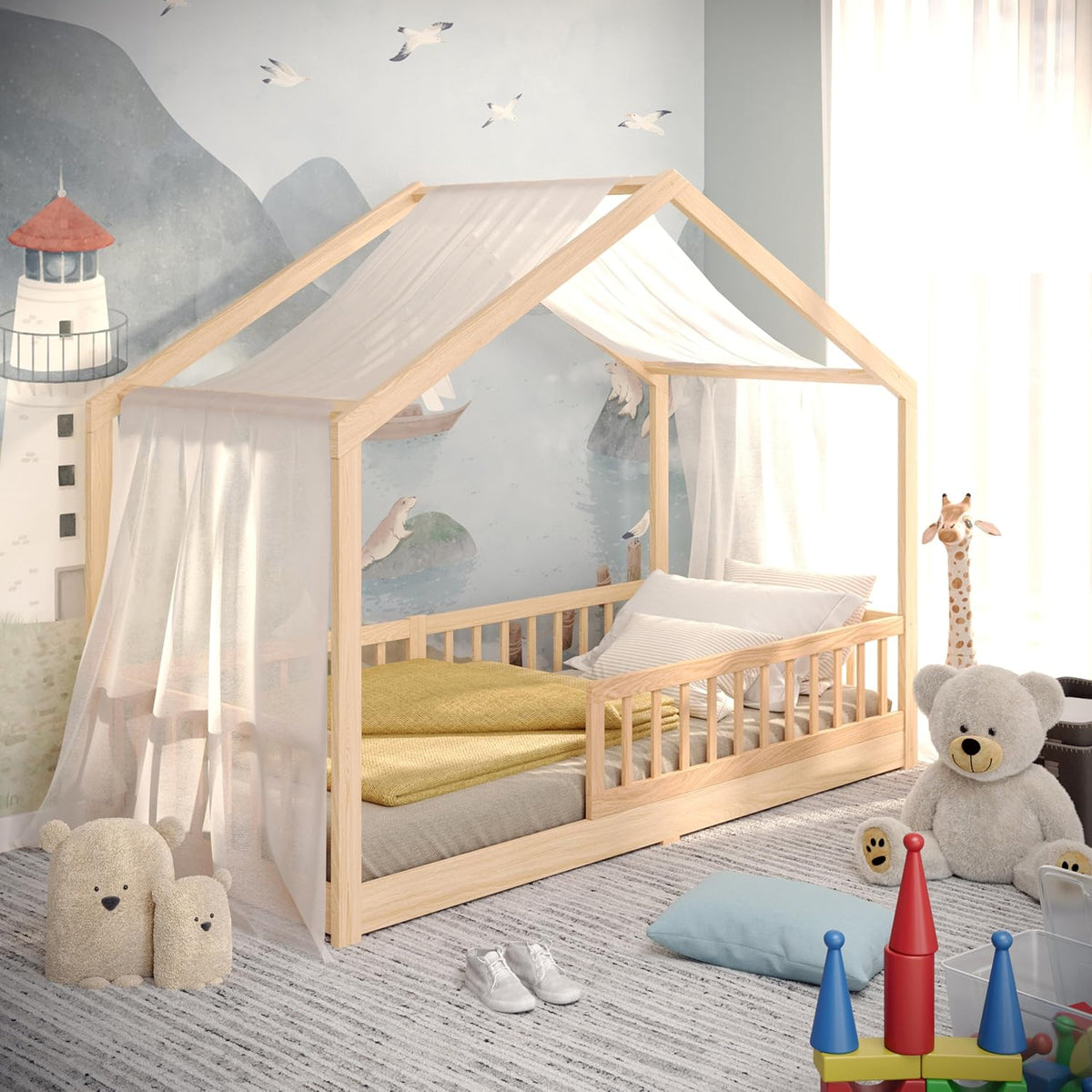 Cama infantil CADANI Malte 90x200 cm – Cama casita con barrera de seguridad extraíble, capacidad de carga de hasta 200 kg, somier de láminas enrollable, cama Montessori a ras de suelo de madera maciza de pino, natural