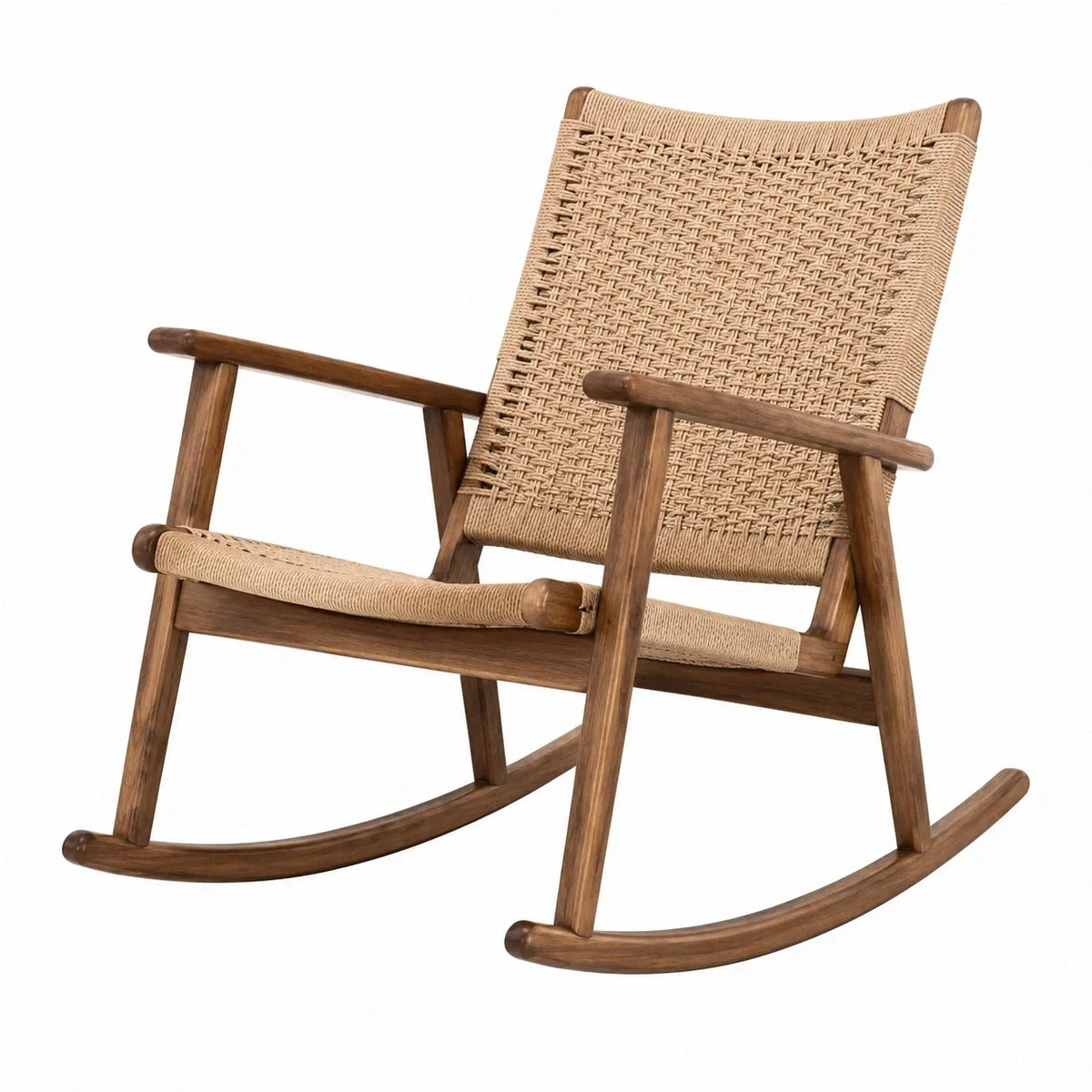 Mecedora de madera con tejido de cuerda trenzada