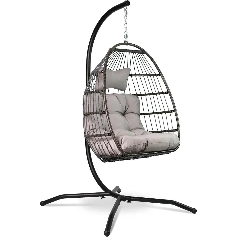 Sillón colgante con soporte, cesta tipo huevo, mecedora de ratán, diseño para interior y exterior, capacidad de carga de 150 kg, gris