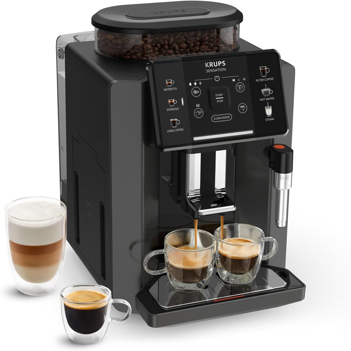 Krups Sensation C50, Cafetera de grano, máquina espresso, 5 bebidas de acceso directo, interfaz táctil, fácil de usar, limpieza automática, boquilla de vapor para cappuccino, fabricada en Francia EA910810