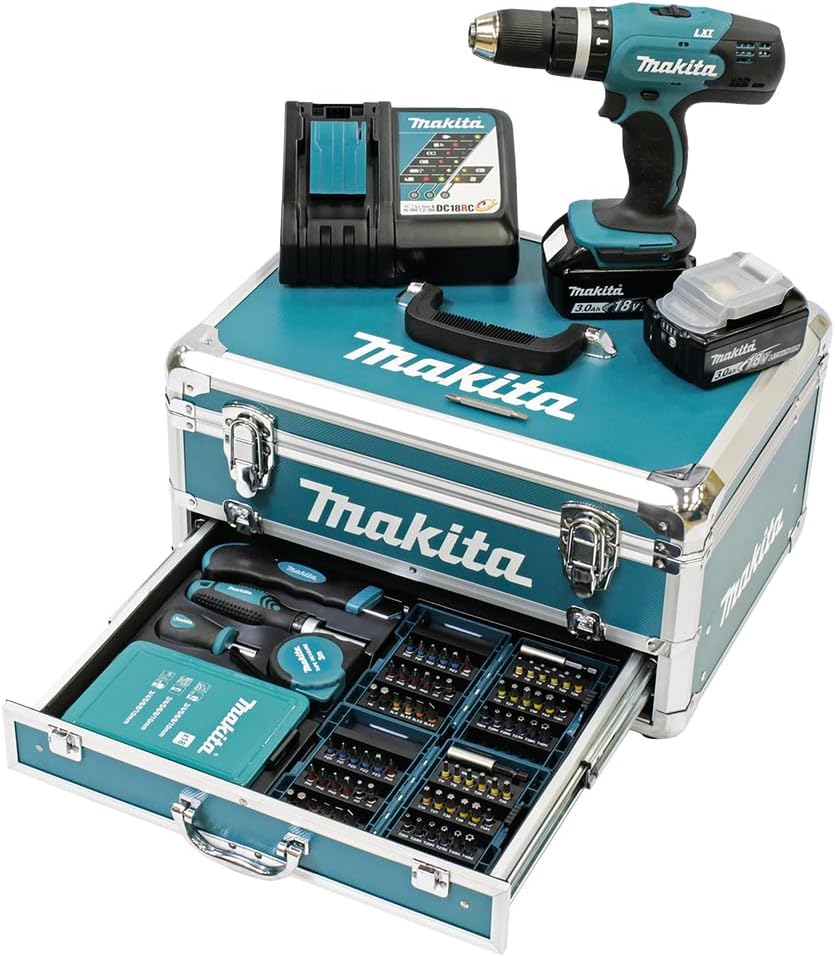 Taladro percutor a batería Makita DHP453RFX2 18 V / 3,0 Ah en maletín de aluminio + juego de accesorios de 96 piezas, azul/plateado