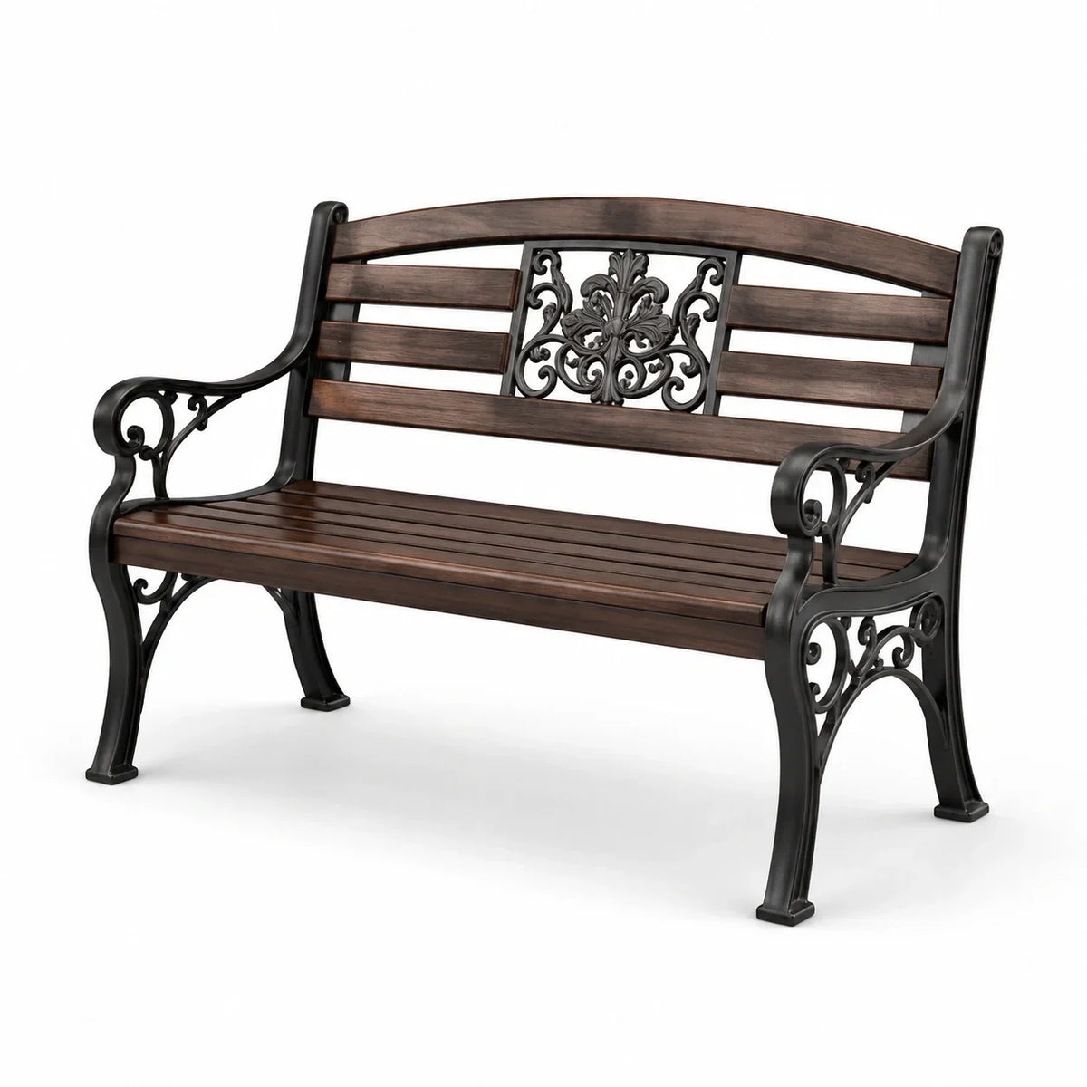 Banco de jardín de madera y hierro fundido, 124 cm, marrón y negro