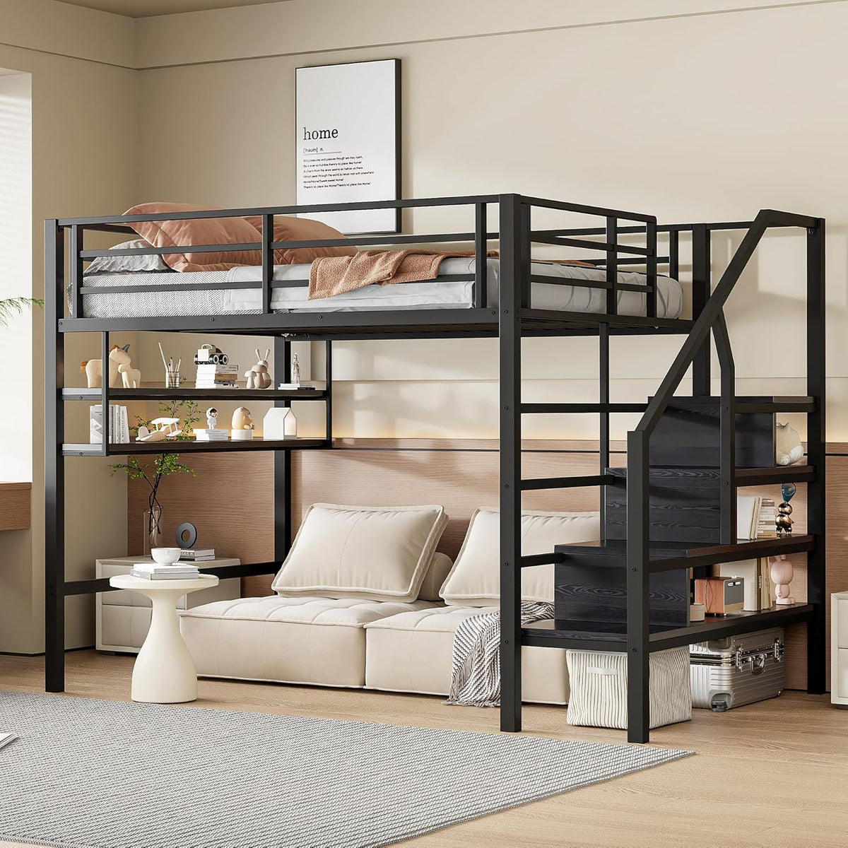 Cama alta, 140x200 cm, estantes, escalera con almacenamiento, espacio libre debajo de la cama para personalizar, barandilla, sin colchón, muebles negros, muebles de dormitorio, cama, estructura de cama y base WX00057
