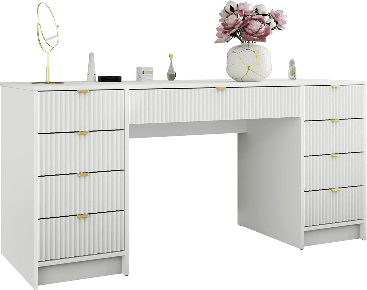 Escritorio Mirjan24 Tireno Bis, 9 cajones con frentes acanalados, escritorio para estudiantes, mesa de ordenador, escritorio infantil, mesa de trabajo, mesa para PC, habitación juvenil, habitación infantil (blanco velvet)