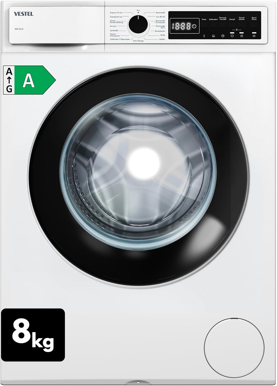Lavadora VESTEL WMI 86341 8 kg de carga frontal – 1400 rpm, clase de eficiencia energética A, motor inverter, función de vapor, AquaStop, silenciosa, de libre instalación, blanco