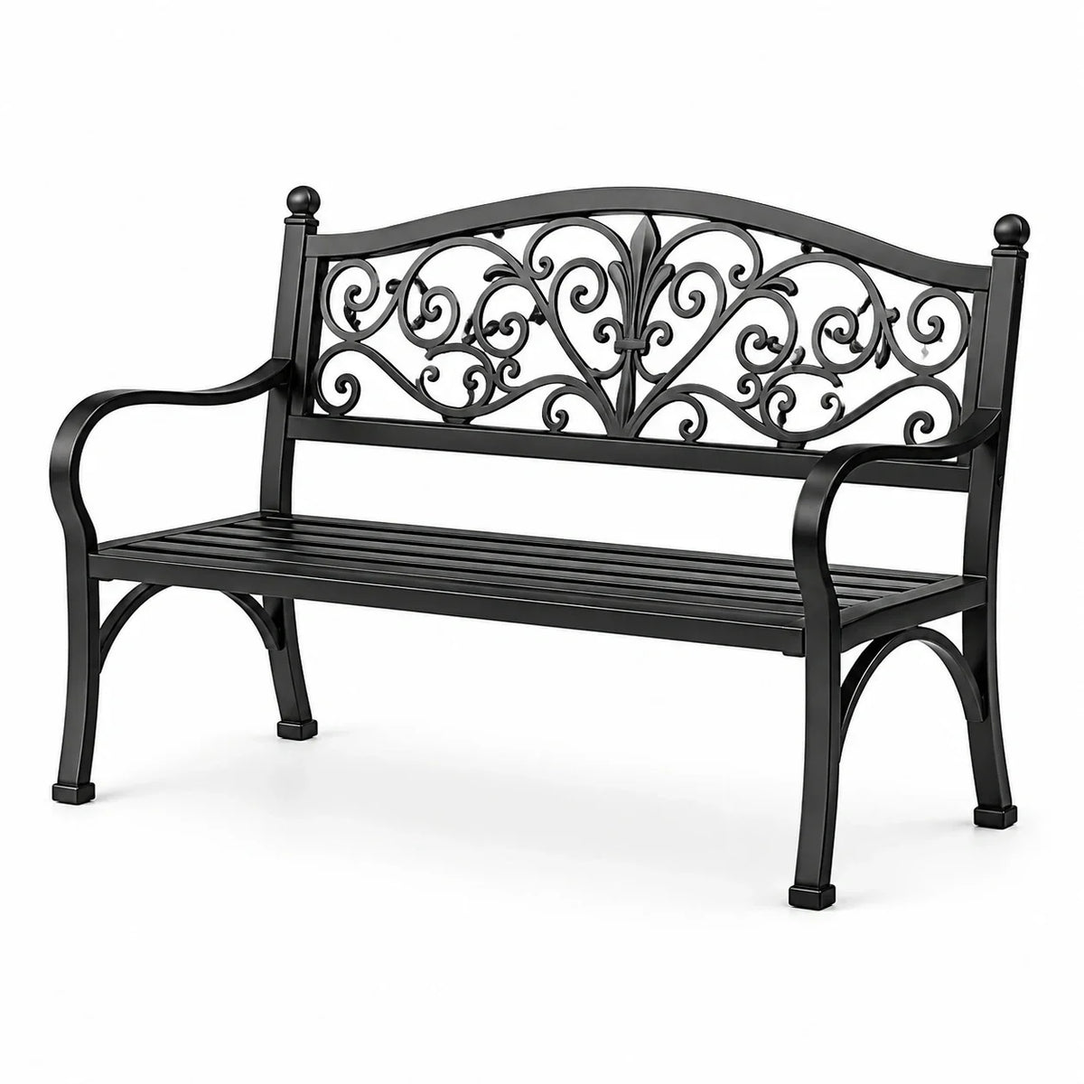 Banco de jardín de hierro forjado con adornos, negro
