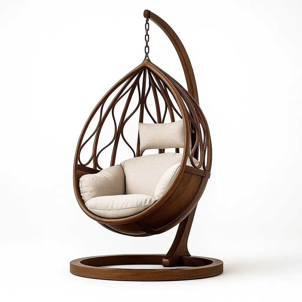 Sillón colgante de madera en forma de huevo con cojín beige