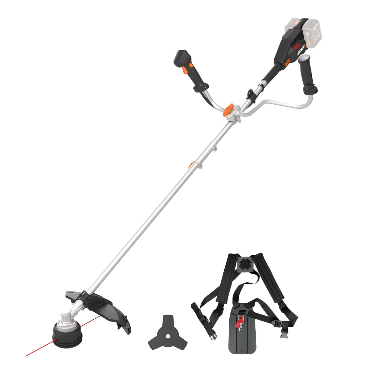 Desbrozadora inalámbrica WG084E.9 40V, ancho de corte de 38 cm, diámetro de cuchilla de 25,5 cm, manillar doble, sistema de doble hilo, sin batería