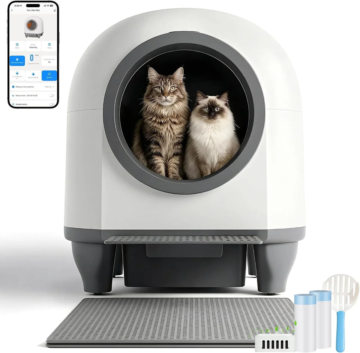 Arenero autolimpiable de 90L con control por aplicación, sensor de seguridad, eliminación de olores y alfombrilla para gatos