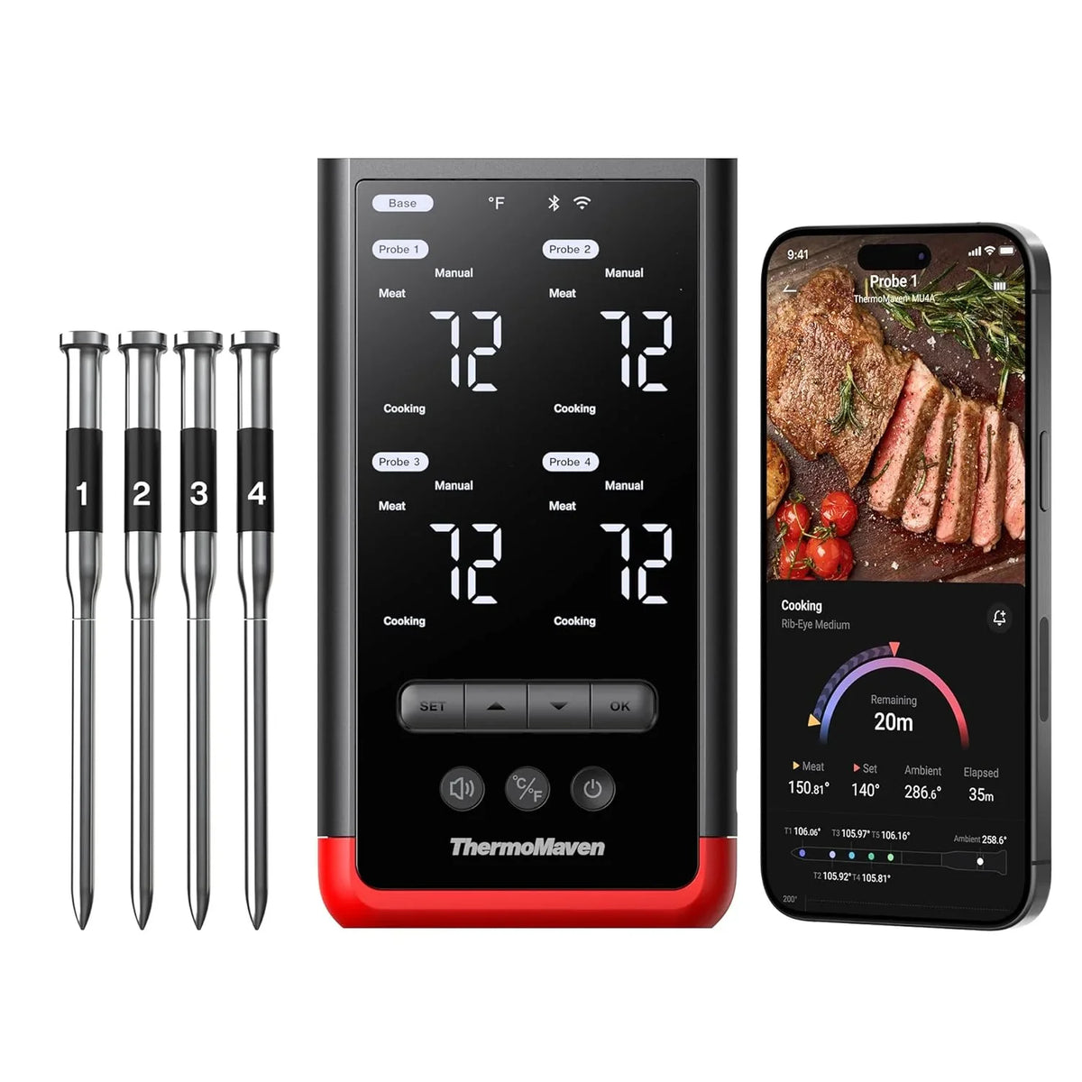 Termómetro de carne inalámbrico P4, 4 sondas, 6 sensores, WiFi, Bluetooth 5.3, IPX8, aplicación, termómetro para barbacoa, termómetro para asados