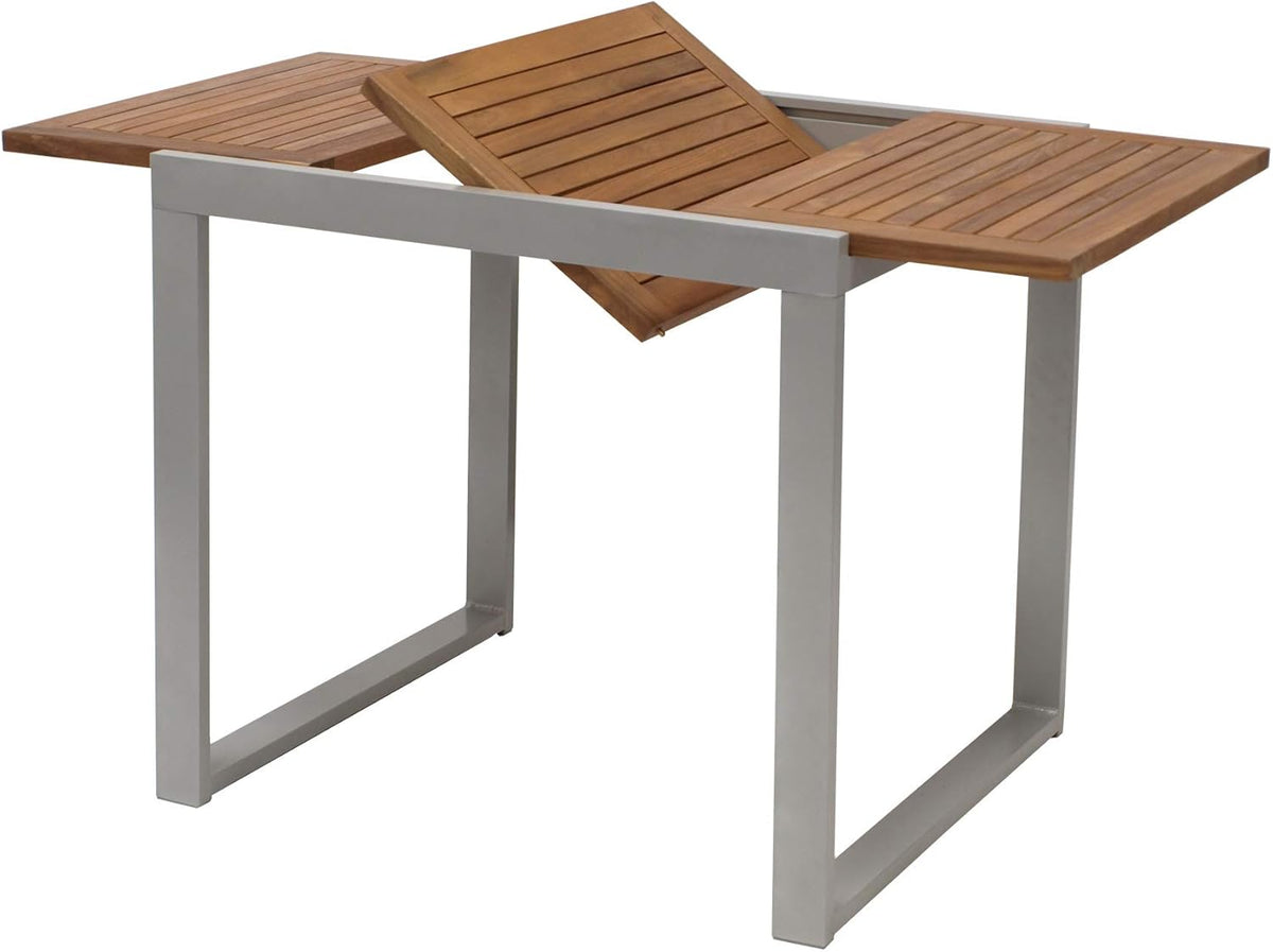 Mesa extensible de balcón Naxos 80/120x70 cm, aluminio gris plateado + acacia aceitada marrón, resistente a la intemperie