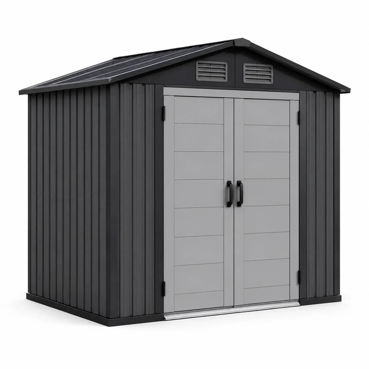 Caseta de jardín de metal con puerta doble y ventilación, gris/negro