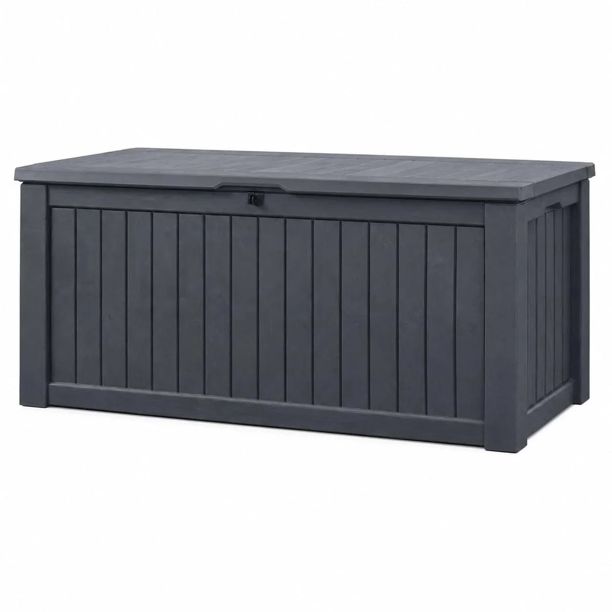 Arcón de almacenaje 570 litros impermeable con ventilación 155 x 72,4 x 64,4 cm aspecto madera con pistón de gas antracita
