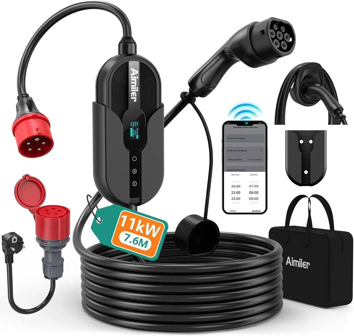 Estación de carga 11kW 400V trifásica 8-16A Tipo 2 cable de 7,6m CEE IP66 control por App con soporte de pared