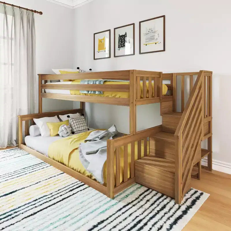 Litera baja de madera Max & Lily, tamaño individual sobre matrimonial, para niños, con escalera