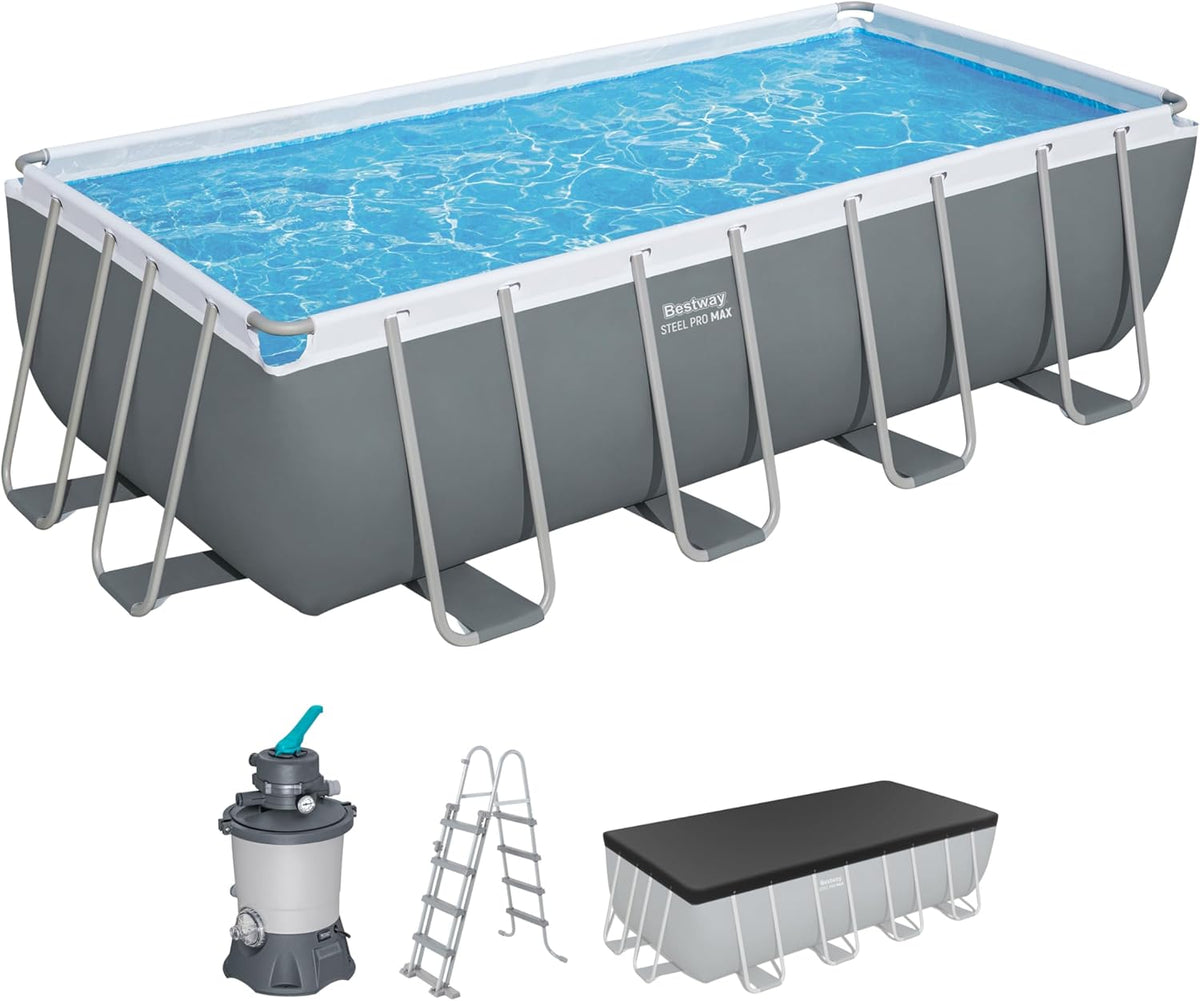Set completo de piscina desmontable Bestway Power Steel con depuradora de arena, 488 x 244 x 122 cm, gris, rectangular