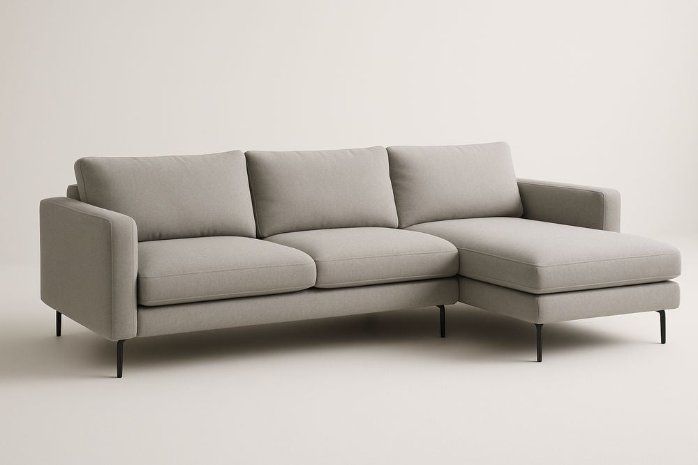 Sofá esquinero de tela gris claro con patas de metal 250x150x85 cm