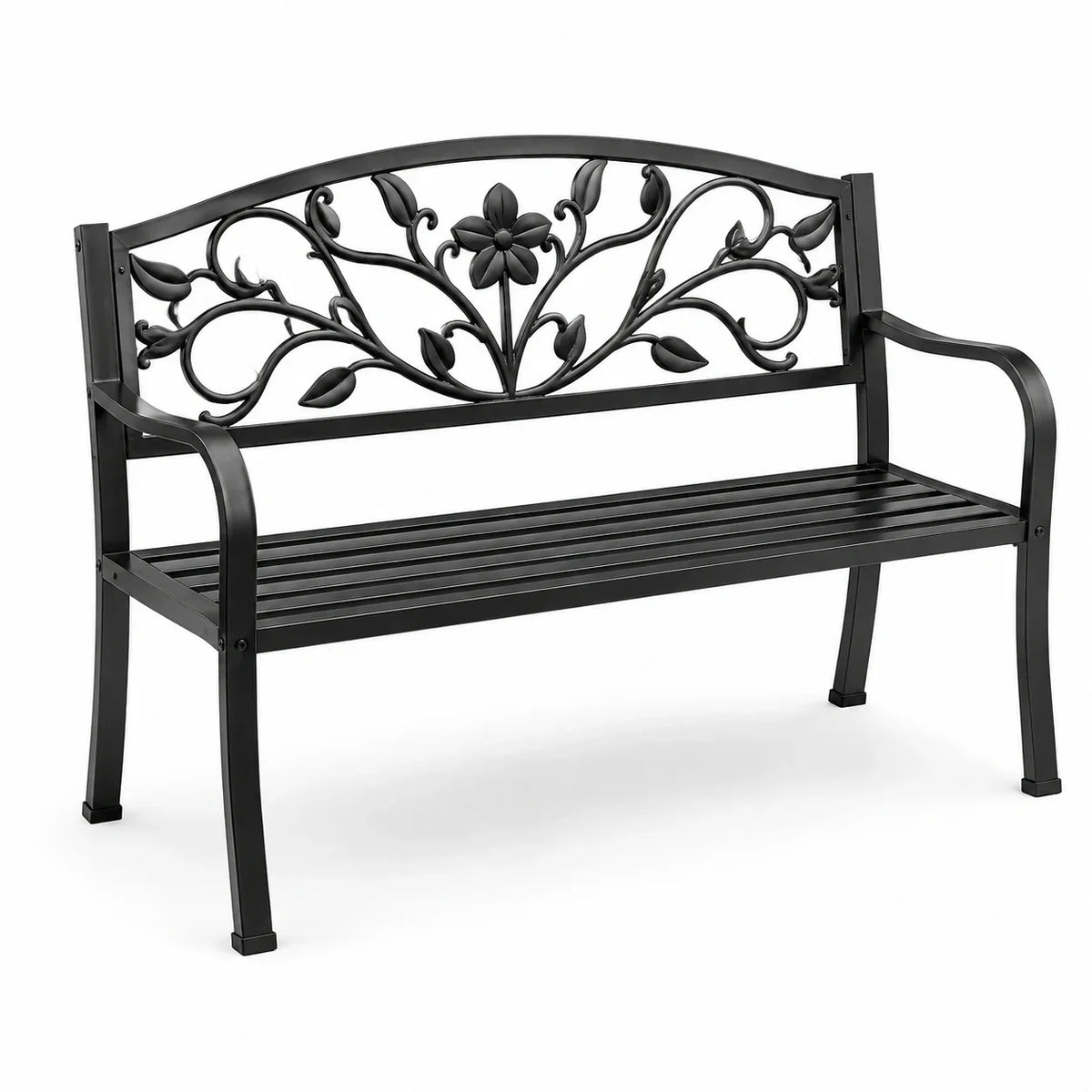 Banco de metal con estampado floral negro