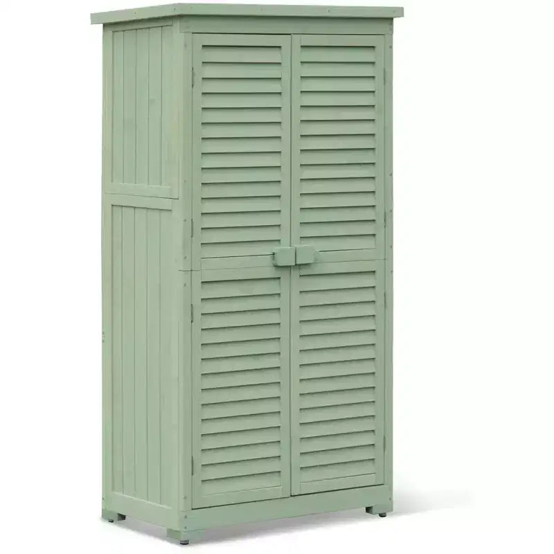 Cobertizo de almacenamiento exterior resistente a la intemperie de 63 pulgadas, con estantes extraíbles, cerraduras, puertas dobles con persianas, cobertizo alto de madera para herramientas de jardín con piso para patio, jardín