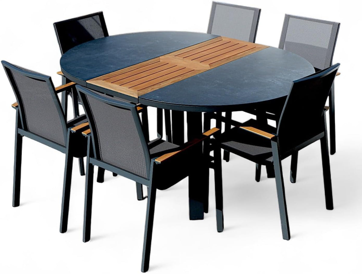 ALEOS. Conjunto de jardín, set de aluminio y teca con mesa redonda extensible de 120 cm a 160 cm + 6 sillas apilables, color antracita Trinidad