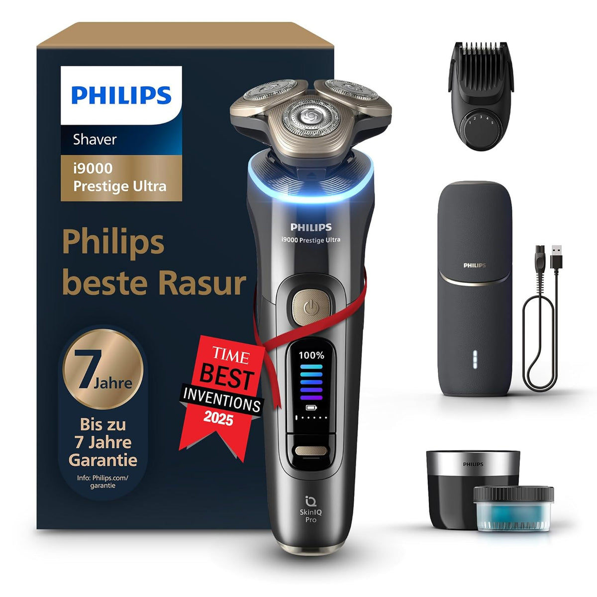 Afeitadora i9000 Prestige Ultra, afeitadora en seco y húmedo para hombre, adriatic, sensor de presión y movimiento, estilizador de barba 5+1, estación de limpieza, estuche de carga UV y estuche de viaje (modelo XP9402/46)