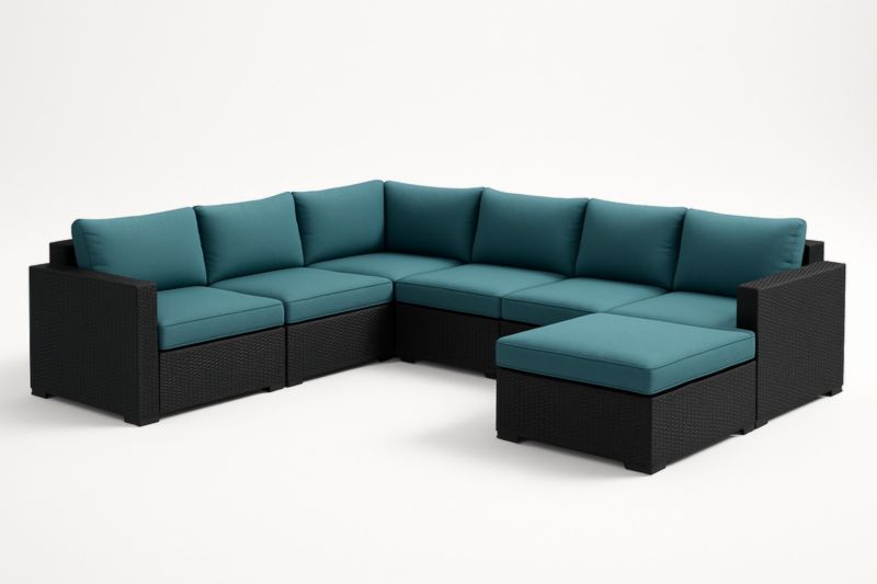 Sofá rinconero modular de resina trenzada negra con cojines de poliéster azul