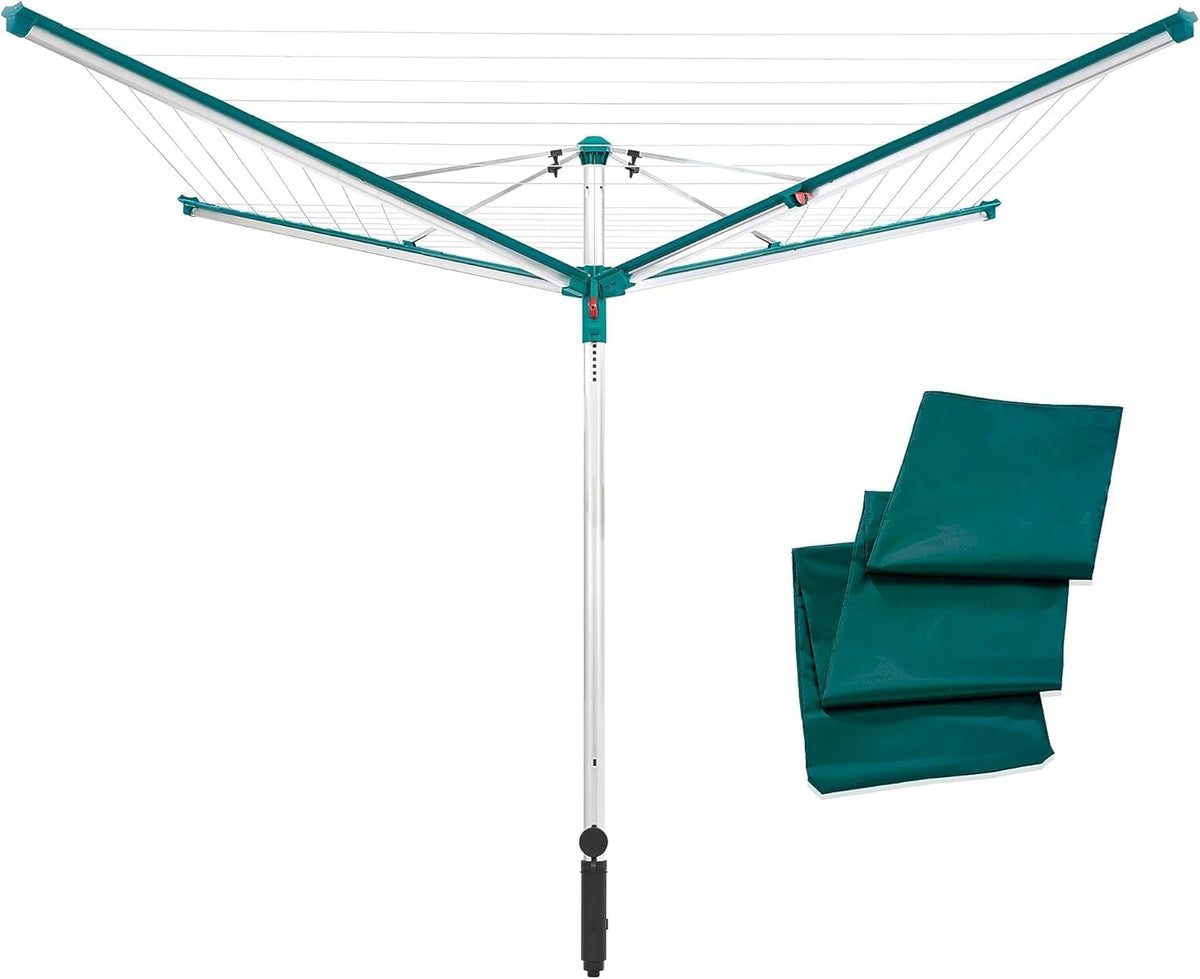 Tendedero tipo paraguas Leifheit Linomatic 500 Deluxe con sistema de retracción de cuerdas para una ropa limpia, tendedero para toda la familia, incluye base para suelo y funda protectora, 50 m de cuerda para 5 cargas de lavado