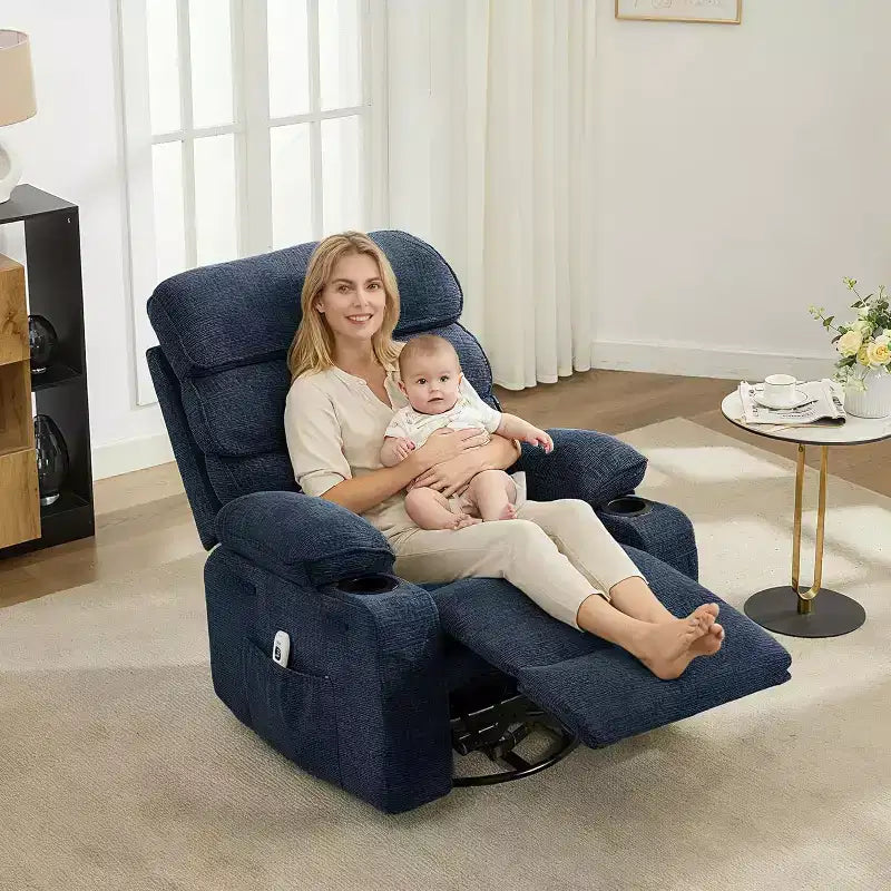 Sillón reclinable mecedor con masaje y calefacción, silla reclinable giratoria de 360 grados para adultos, silla de guardería de lino con bolsillo lateral y dos portavasos