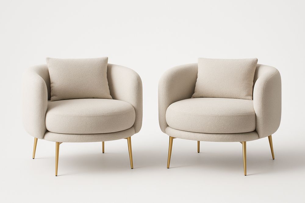 Par de Sillones Redondos de Tela Beige con Patas de Metal Dorado
