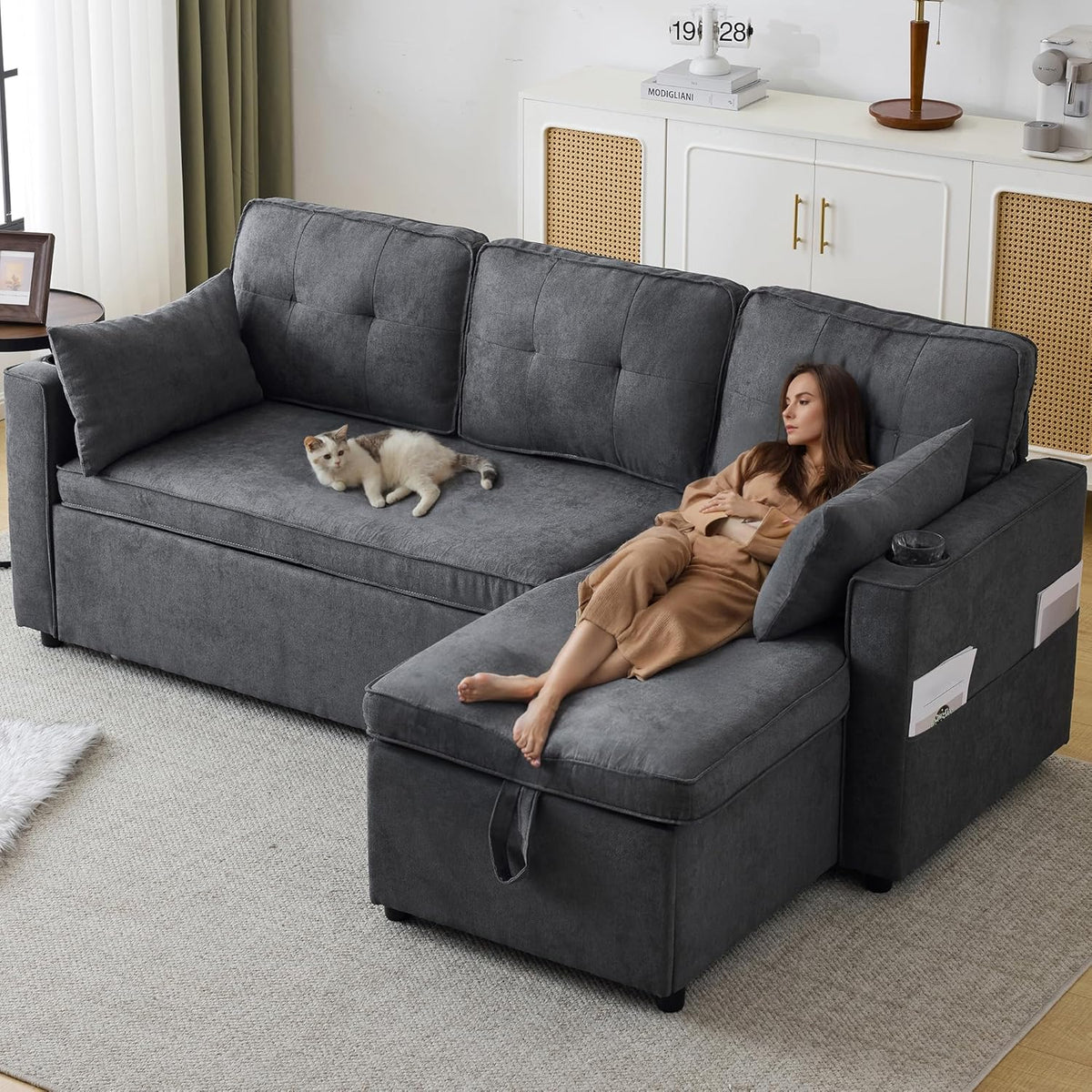 Sofá cama de 3 plazas con portavasos y bolsa lateral en el reposabrazos, sofá en forma de L, reversible a derecha e izquierda, gris