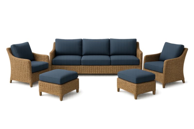 Conjunto de salón de ratán con cojines de poliéster azul