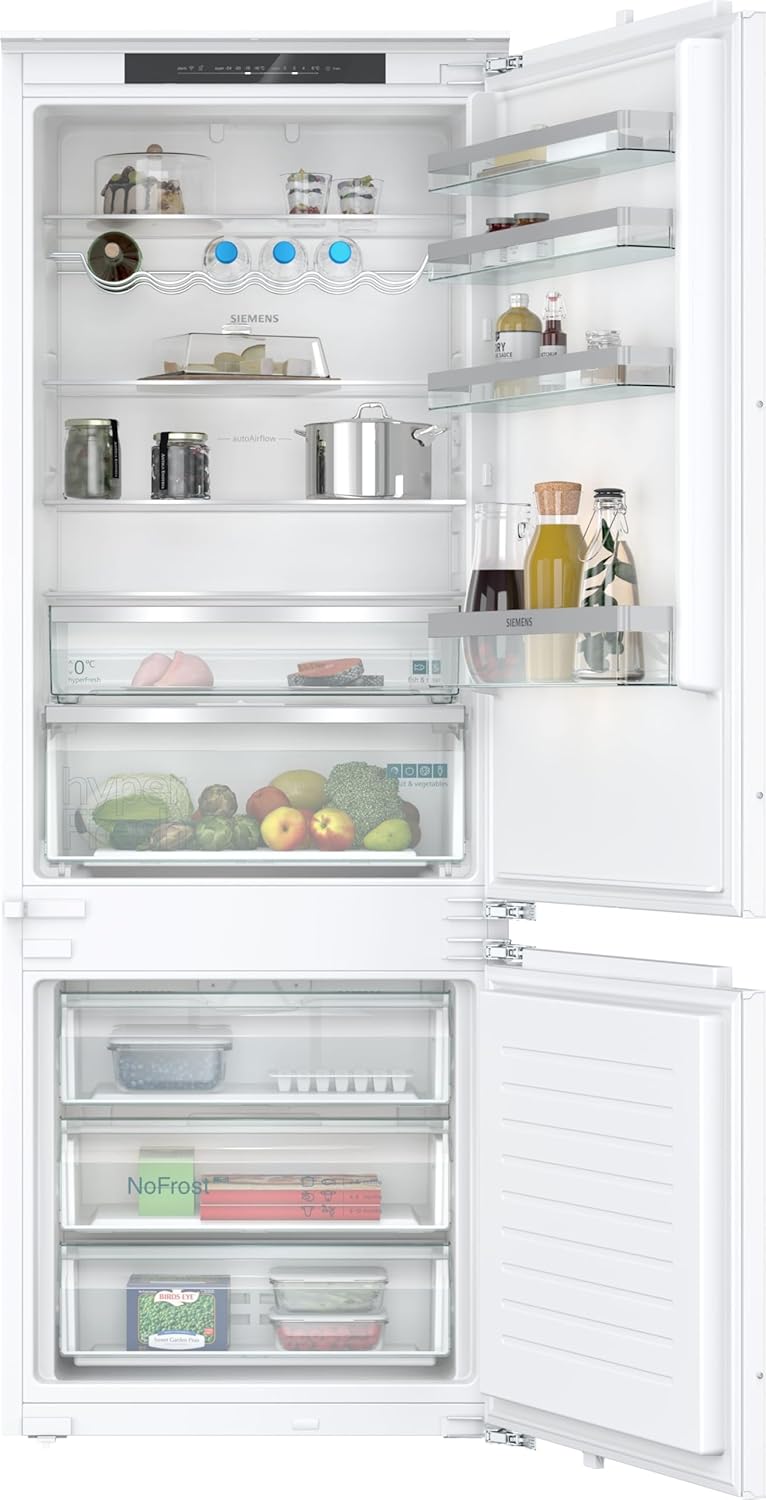 Siemens KB96NVFE0 iQ300, Frigorífico combinado encastrable XXL inteligente, nicho de 194 x 71 cm, 285 L refrigeración + 98 L congelación, Fabricado en Alemania, noFrost, hyperFresh para mayor frescura, muy silencioso, bisagra plana
