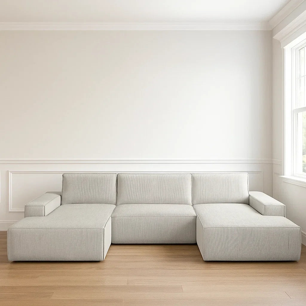 Sofá panorámico convertible beige de terciopelo de poliéster para salón - L 358 x P 167 x A 85 cm