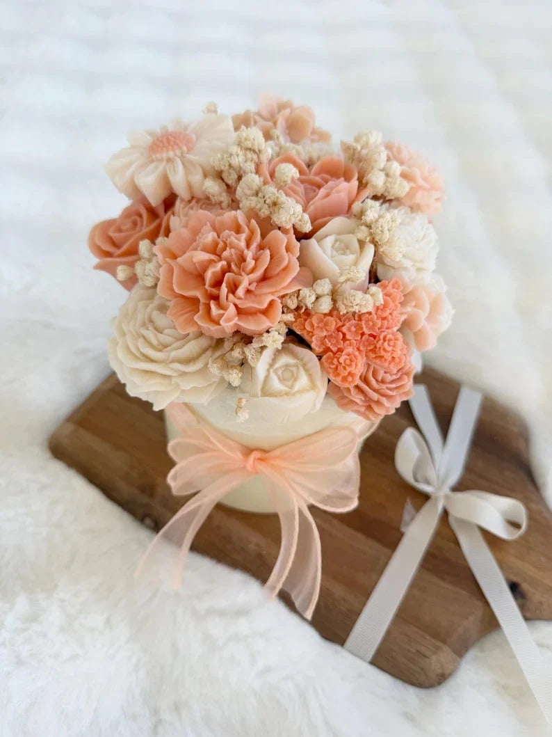 Ramo de flores de cera de color naranja pastel con 15-22 flores en caja de regalo de 12 cm