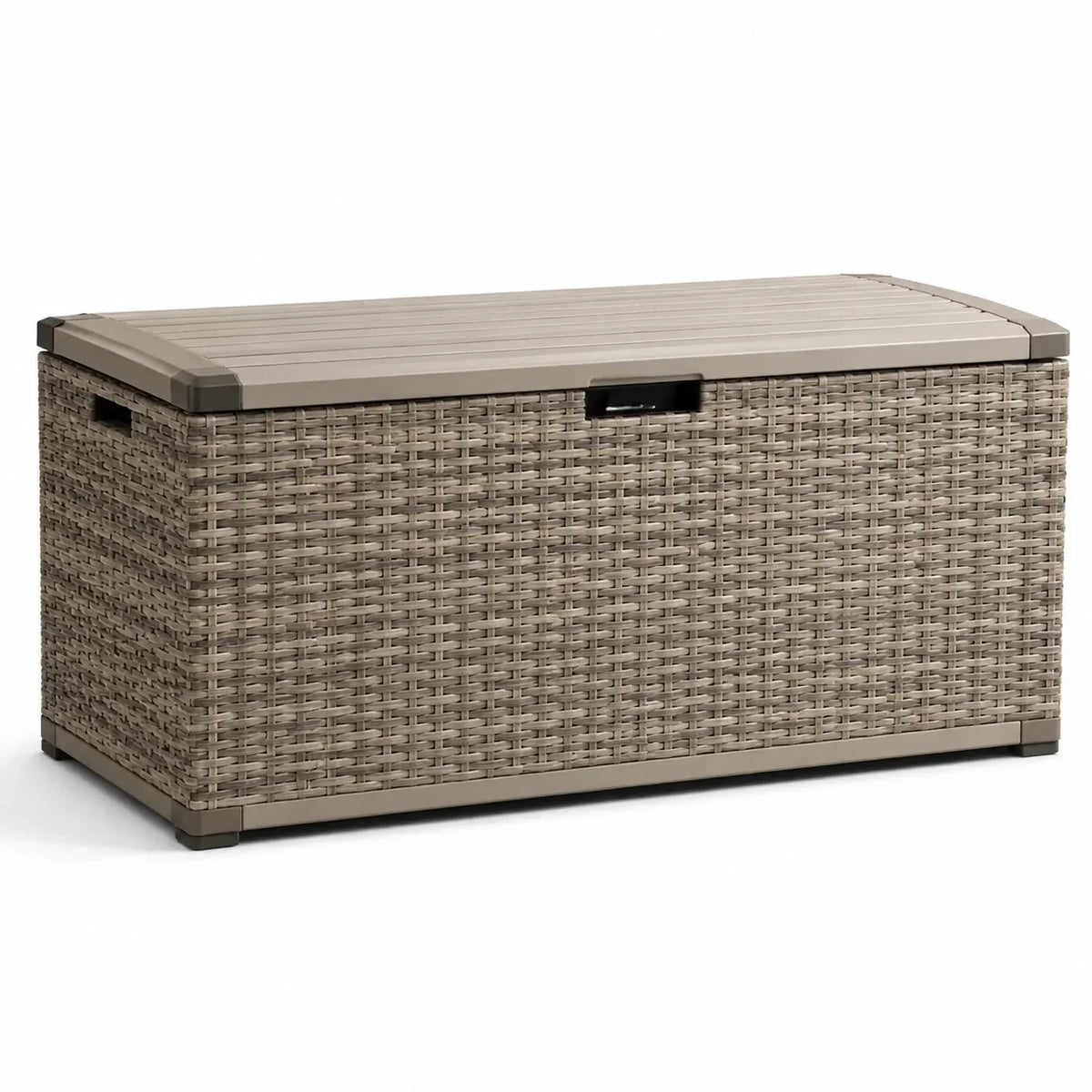 Baúl de jardín de plástico con aspecto de ratán, beige, 120x60x55 cm