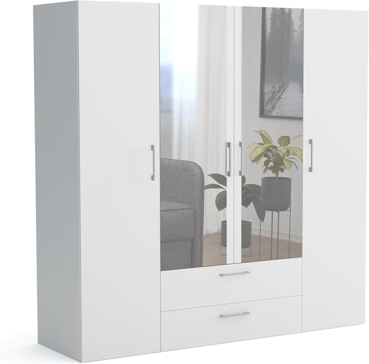 Brent - Armario con espejo, armario ropero (AnxAlxPr) 200x200x60 cm, armario con puertas, armario de dormitorio con estantes - Blanco