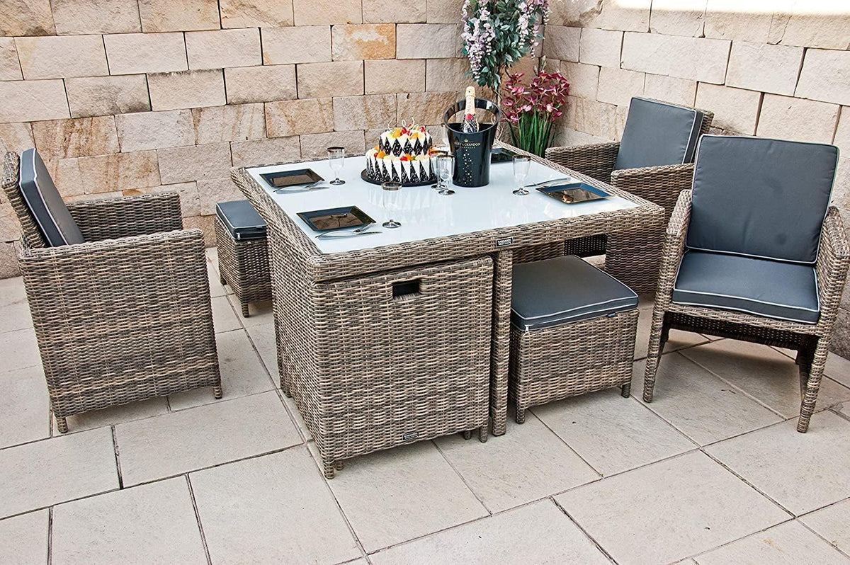 Ragnarök PolyRattan - Marca ALEMANA - Producción PROPIA - 8 años de garantía - Muebles de jardín, conjunto de comedor, mesa, 4 sillas, taburetes, 12 cojines, gris, aluminio inoxidable, natural, comedor, cubo, cristal