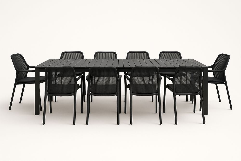 Mesa de jardín con 10 sillas de aluminio y polipropileno negro
