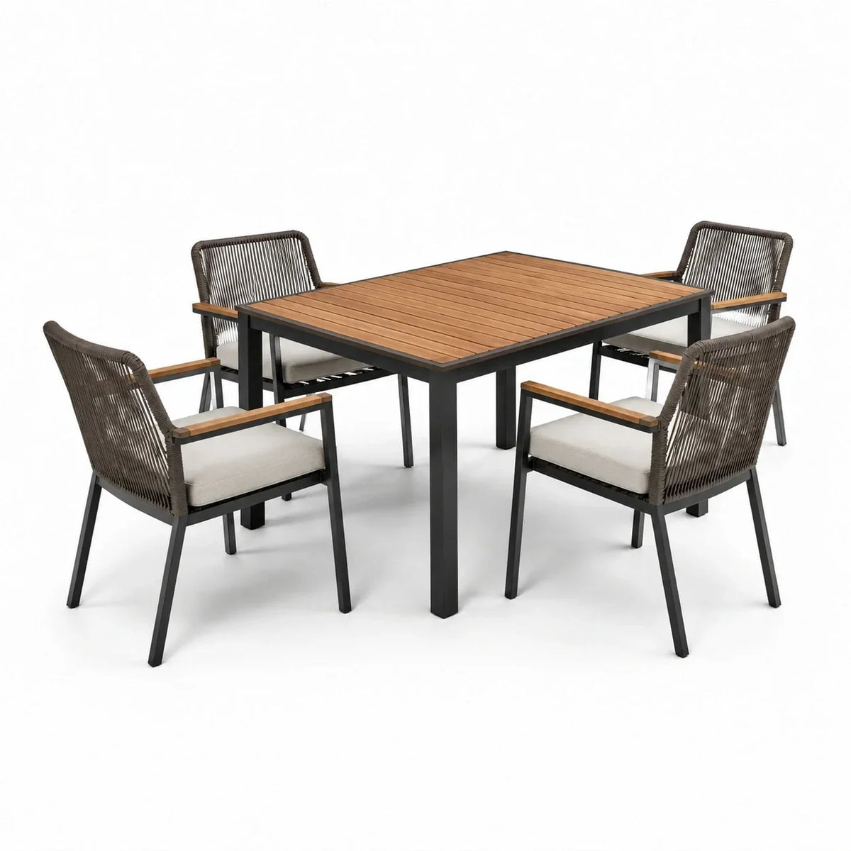 Conjunto de comedor de jardín de aluminio y madera de teca con 4 sillas de cuerda