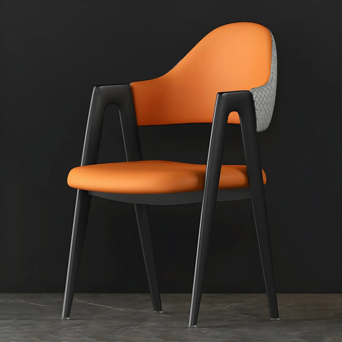 Silla de comedor con reposabrazos de cuero moderna curvada de respaldo abierto