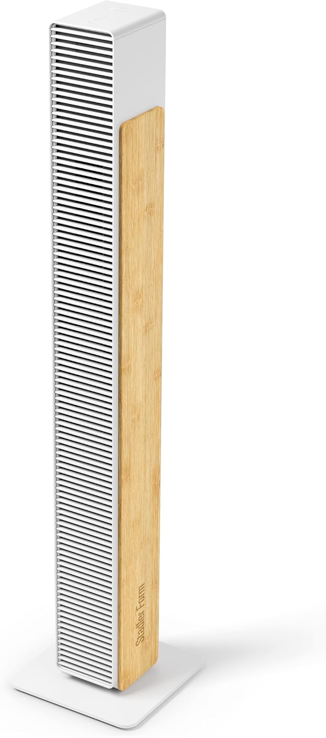 Ventilador silencioso Stadler Form Nick, ventilador de torre con función de oscilación, 10 niveles de velocidad, temporizador, con mando a distancia, para dormitorio, oficina, sala de estar, con bambú natural, blanco