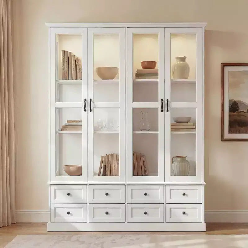 Vitrina Librero Blanca Famapy: Iluminación LED RGB + Almacenamiento en cajón + Puertas de cristal. Organizador espacioso para salas de estar y bibliotecas en casa.