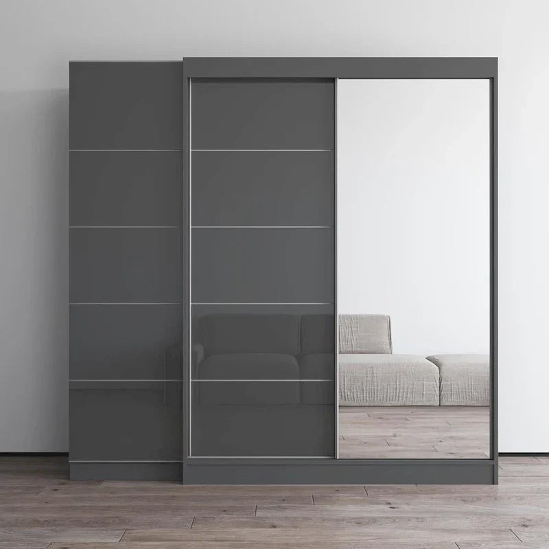 Armario de 2 puertas con espejo, frente de cristal, para 2 personas (Gris / Negro / Blanco)
