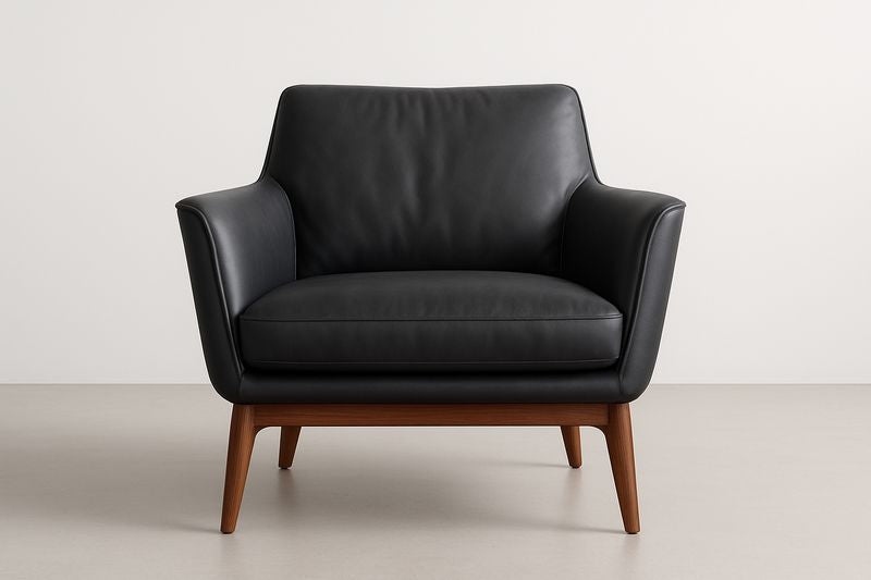 Sillón de piel negra con base de madera
