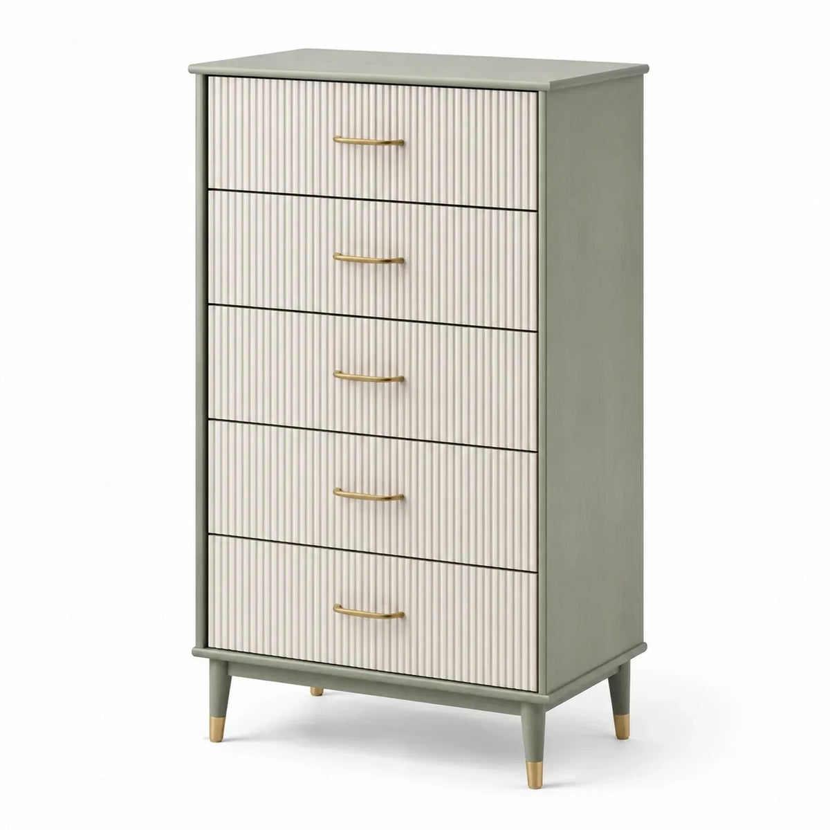 Cómoda de madera con 5 cajones y tiradores de metal verde/blanca