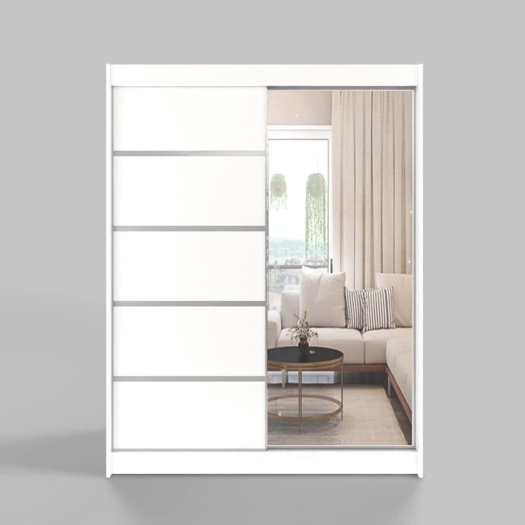 Armario corredero ML Furniture de 150 cm con espejo, armario para dormitorio, armario multiusos para salón - 150 x 200 x 58 cm; color: blanco, armario de puertas correderas