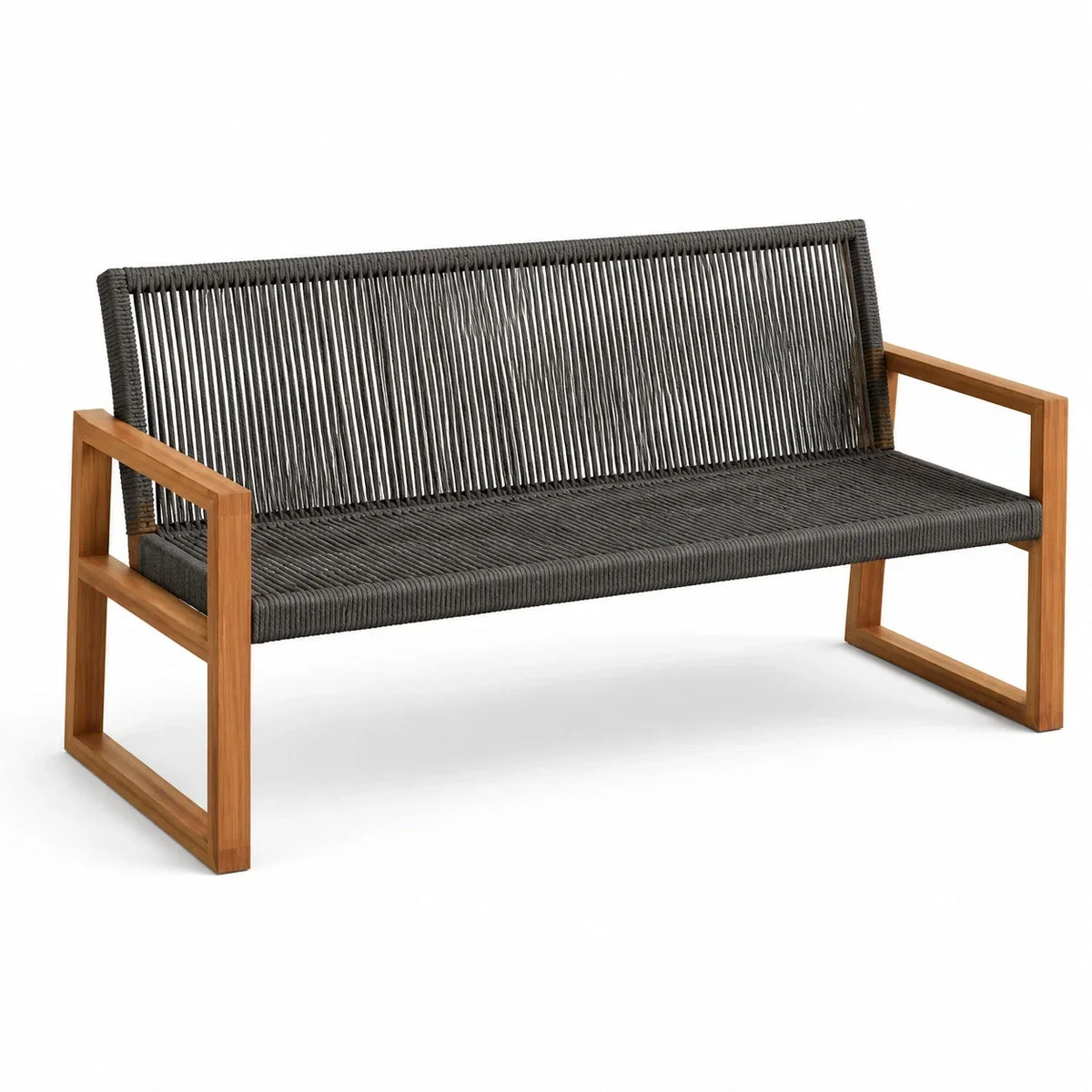 Banco de jardín con estructura de madera de teca y cuerda de polipropileno gris 150 cm