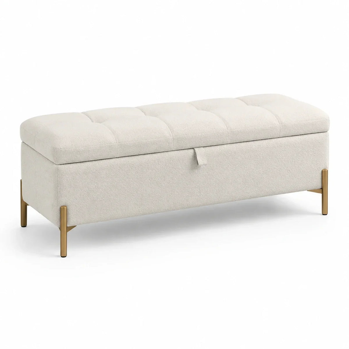 Banco de almacenamiento tapizado en tela, patas de metal, beige