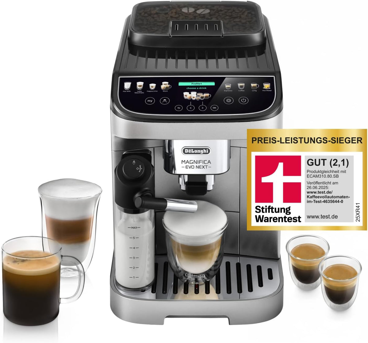 De'Longhi Magnifica Evo Next - Cafetera superautomática Perfetto con espumador de leche LatteCrema, 13 bebidas con un solo toque, cafetera para café y capuchino, pantalla táctil a color, titanio (ECAM312.80.SB)