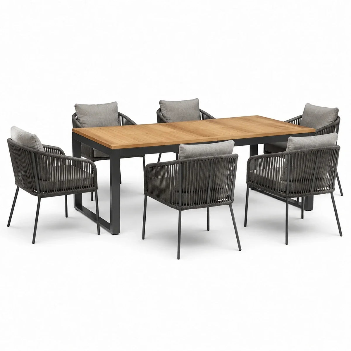 Conjunto de comedor para jardín con 6 sillas, aluminio, teca, acero, gris